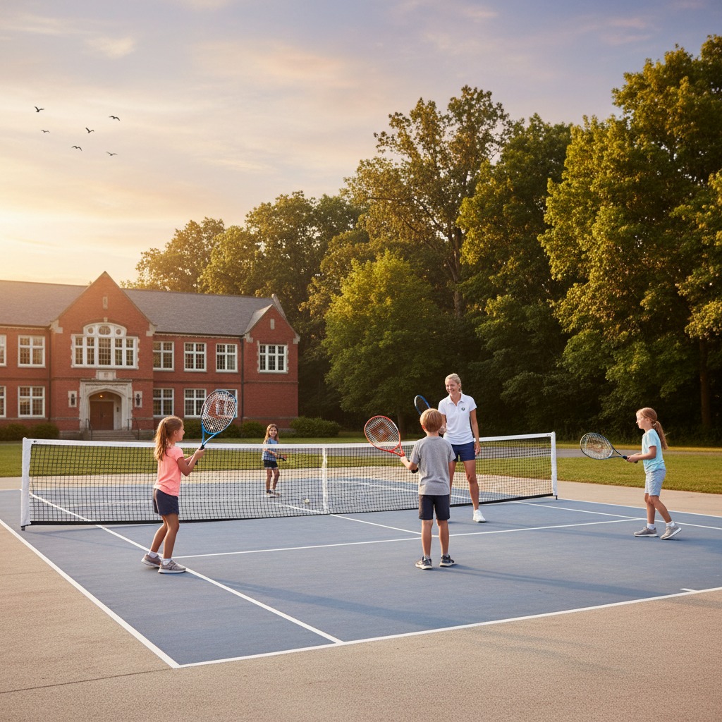 Un gruppo di bambini gioca a tennis su un campo all'aperto sotto la supervisione di un'istruttrice, con un edificio in mattoni sullo sfondo.