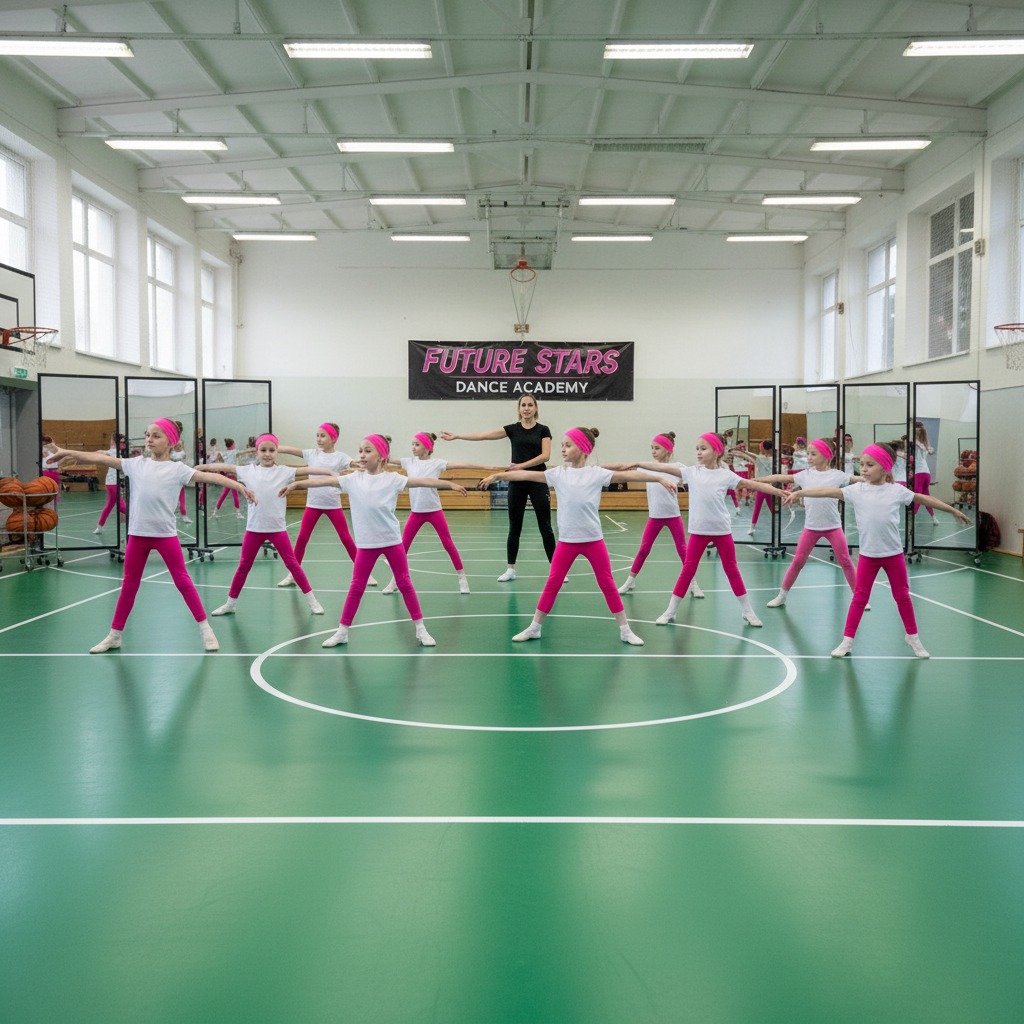 Un gruppo di bambine con maglietta bianca e leggings fucsia segue un'istruttrice di danza in una palestra scolastica.