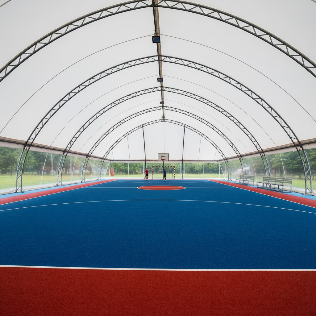 Campo sportivo coperto con pavimentazione blu e rossa e struttura ad arco in metallo.