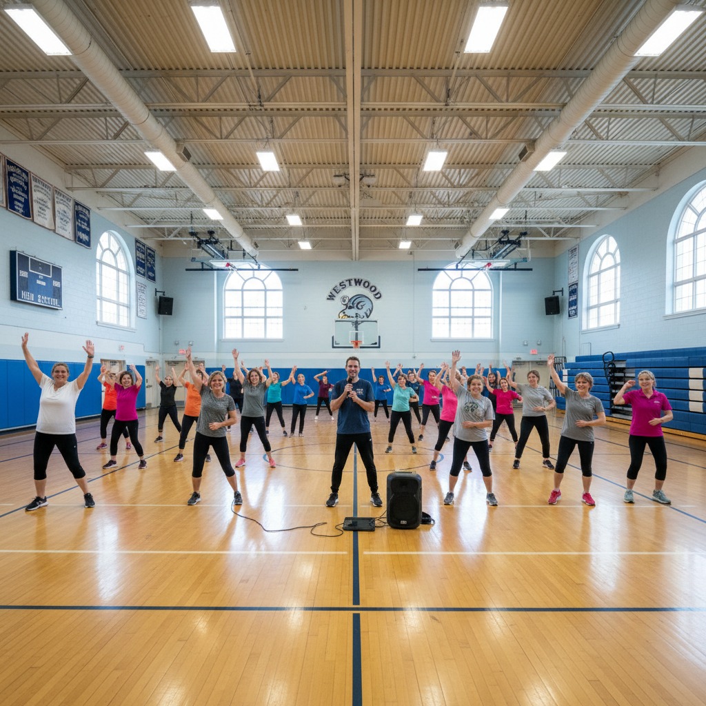 Un istruttore guida un gruppo di persone in un allenamento di gruppo dentro una palestra.