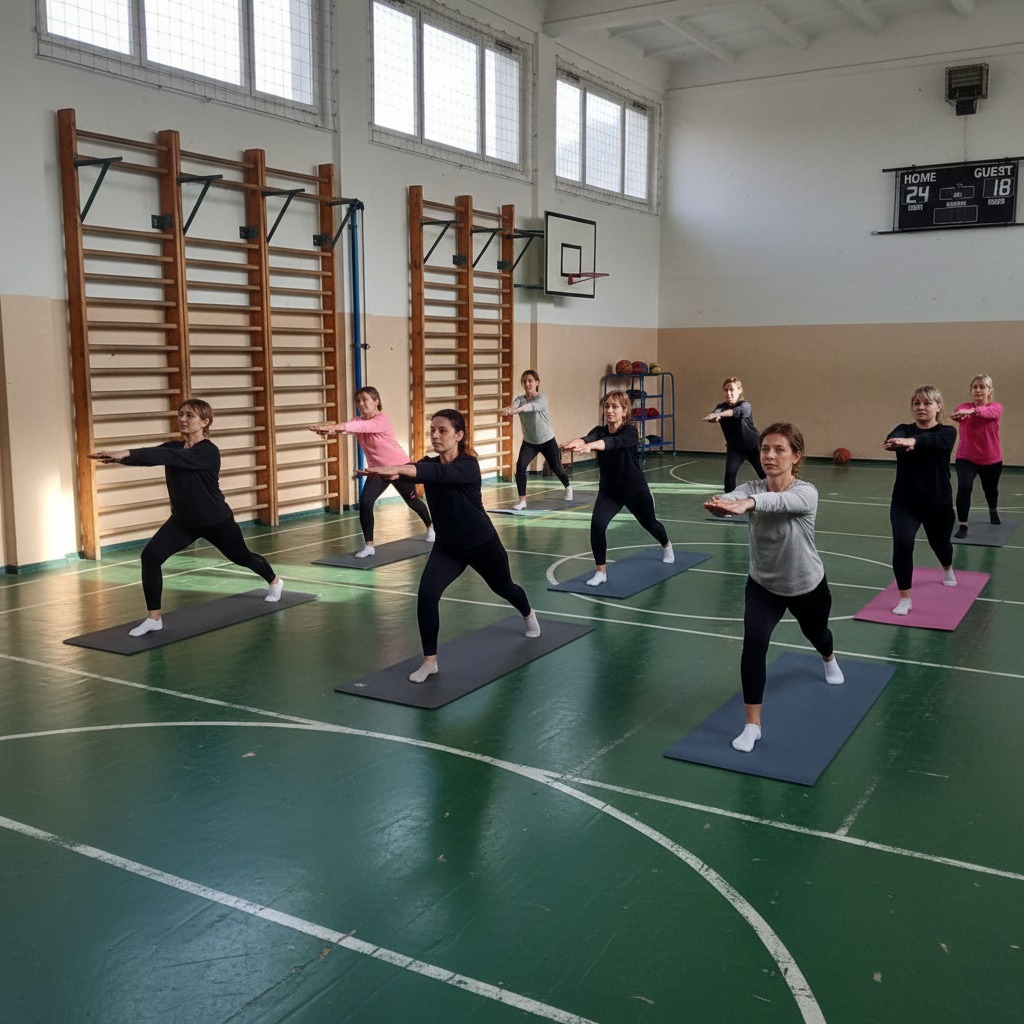 Un gruppo di donne fa stretching e posizioni yoga su tappetini in una palestra con parquet verde.