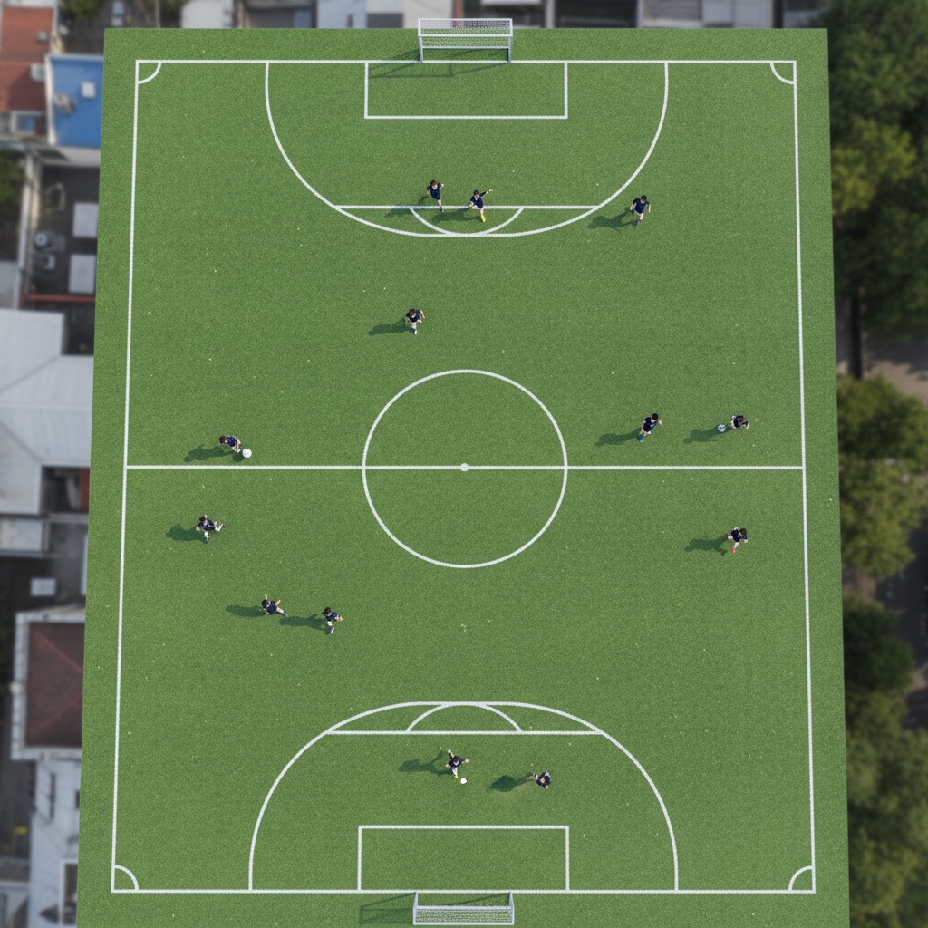 Vista dall'alto di un campo da calcio sintetico con dieci giocatori in tenuta scura disposti durante una partita.